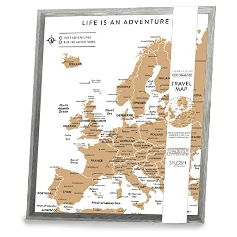 Splosh - Pin Board Map of Europe in a Grey Wooden Frame for Travel. The travel map corkboard comes with 2 sets of pins to personalise your world travel adventures Cover