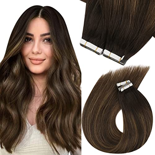 Brown Ombre Tape in Hair Extensions Human Hair Tape in Extensions Real Hair Darkest Brown Ombre Chestnut Brown Mix Dark Brown Tape on Hair Extensions Ombre For Women 22inch 50g 20pcs