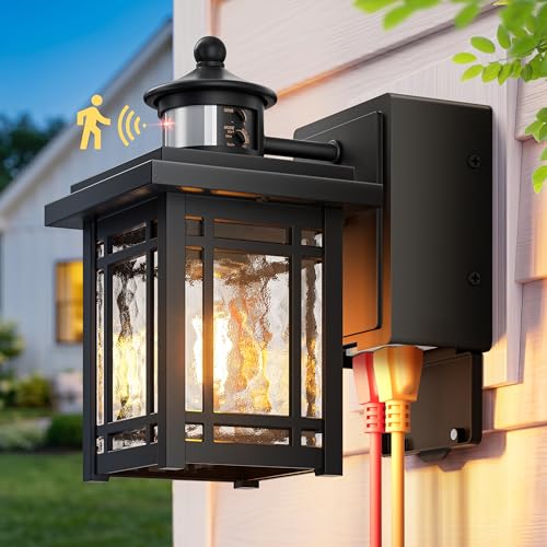 Image of Gleamz Porch Light with outlet, Black Aluminum Motion Sensor Outdoor Porch Lights, Modern Front Door Light with Ripple Glass, Waterproof 5 Lighting Modes Outside Garage Lights for House, Patio,Balcony
