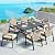 7 Pieces Patio Dining Set, 6 x Woven Rattan Chairs with Waterproof Cushion, 59" Rectangular Metal Dining Table with Umbrella Hole, Outdoor Table and Chairs Set for Backyard Lawn and Deck, Beige