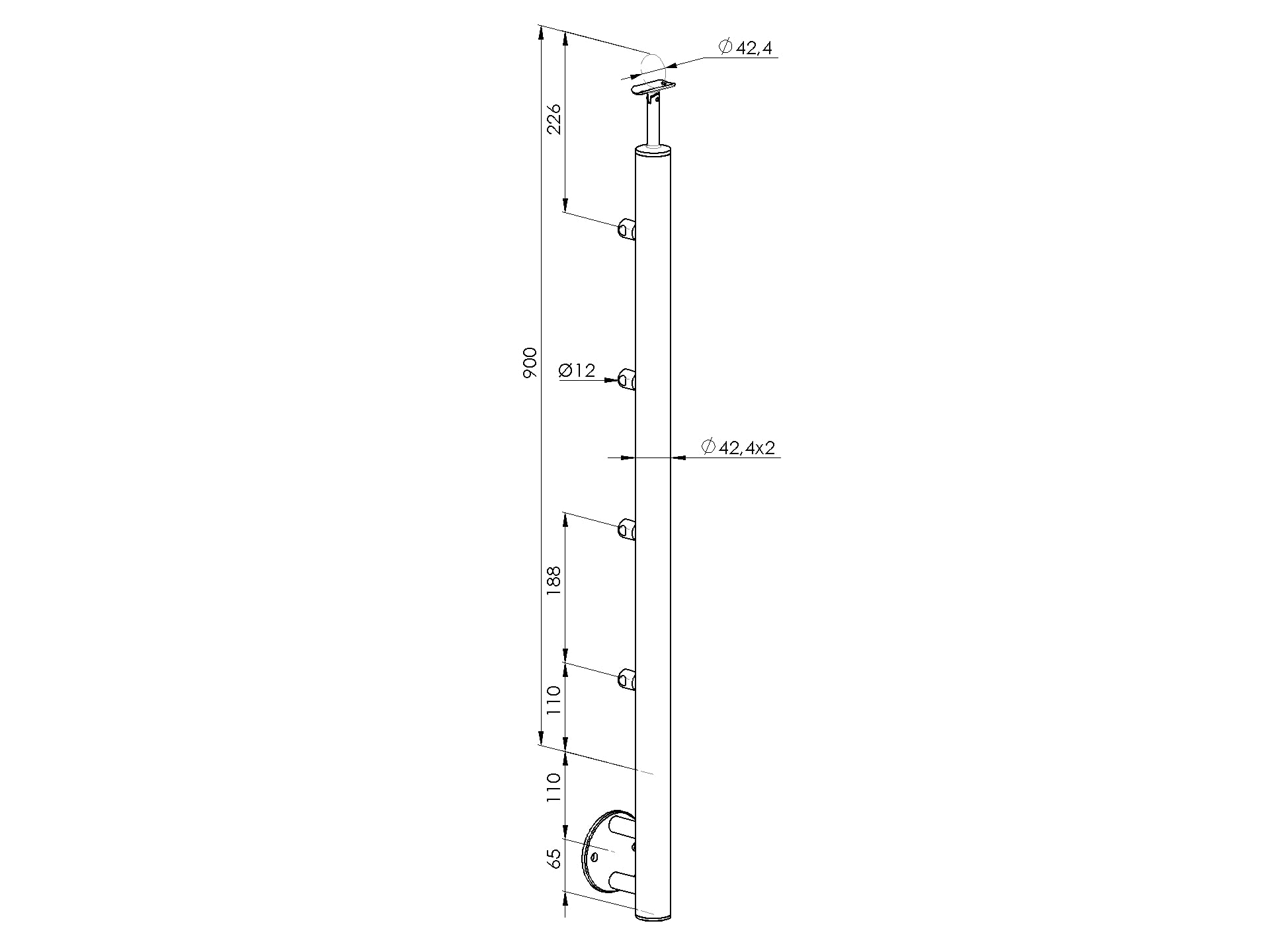 Sellon24® Pali in acciaio inox Ø 42,4, altezza 900 mm, con 4 supporti trasversali Ø 12,0, ringhiera V2A, balcone laterale, tubo rotondo per terrazze, piastra di supporto