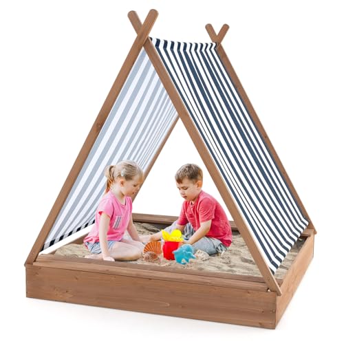 GYMAX Sabbiera per Bambini, Sabbiera con Tendina Rimovibile, 2 Panche, Sabbia in Legno di Abete per Bambini da 1+ Anni,...