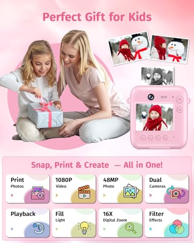Instant Camera, Dual-Lens Kids Camera Instant Print for Boys Girls Christmas Birthday Gifts, 1080P Digital Cameras for Kids Teens with Print Paper, 32GB Card, Toddle Toy for Age 4-12 Years(Pink) - Image 3