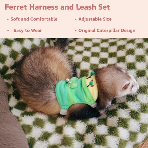 Image of Ferret Harness and Leash Set - Small Animal Soft Fleece Vest with Safe Bell Halloween Outfit Adjustable Traction Rope Outdoor Walking Training Leash for Ferret Rat Bearded Dragon Kitten (Green)