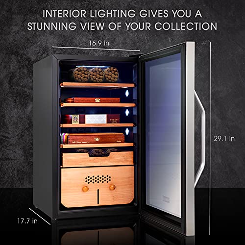 Schmécké 400 Cigar Cooler Humidor with Precise Humidity Control, Stainless Steel Trim Finish Cabinet, Spanish Cedar Wood Shelves and Drawer with Built in Digital Hygrometer