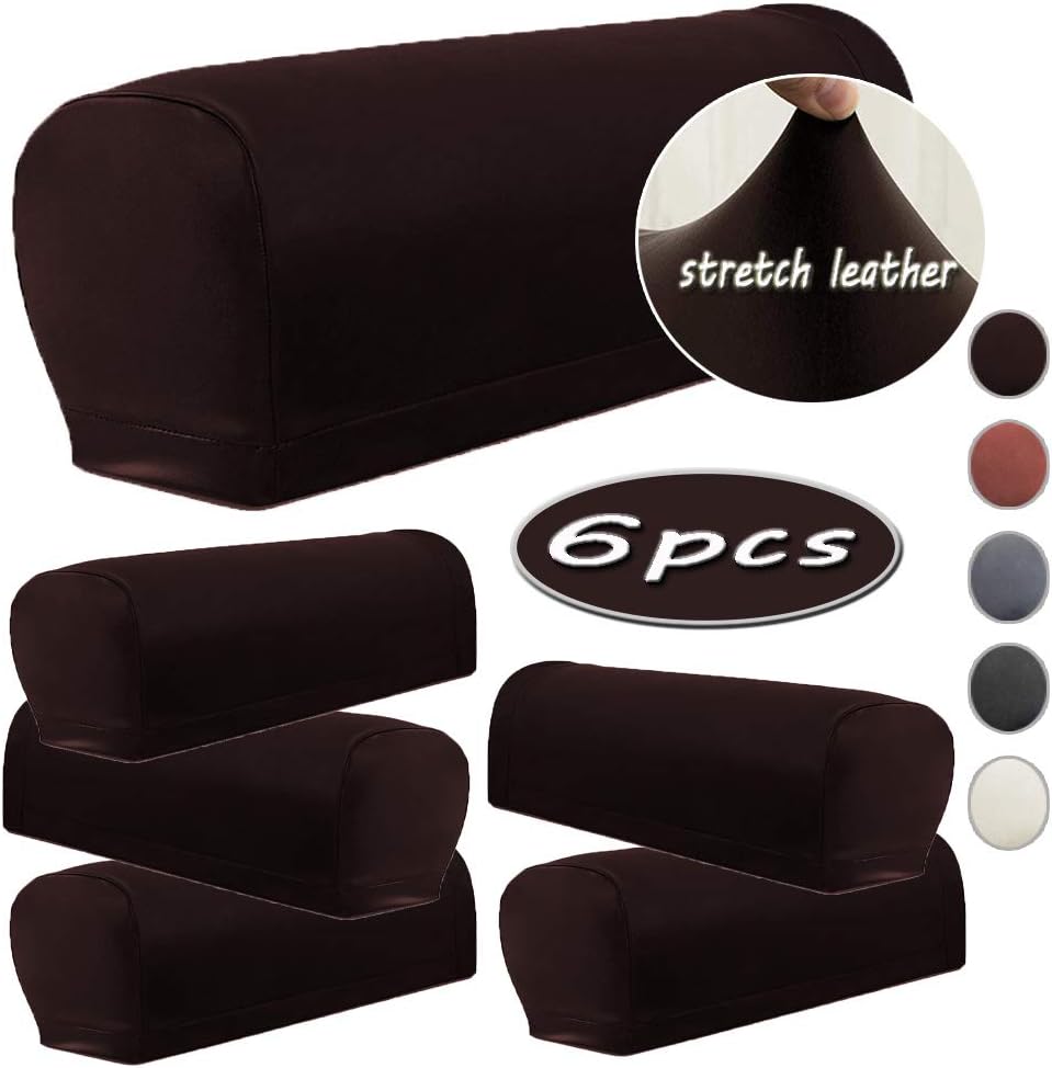 EzoonLeather Sofa Arm Cover Set 6Pcs Armrest Cover Protector PU Square Couch Wide Armchair Recliner Loveseat Chaise Lounge Chair Cats Furniture Cap Slipcover 6pcs brown