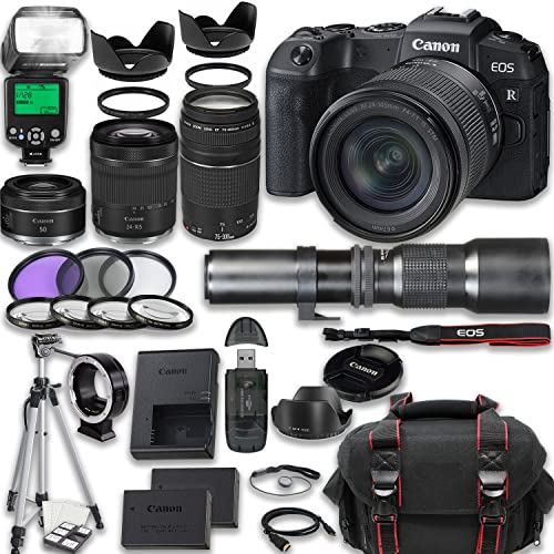 Canon EOS RP Mirrorless Camera with Canon RF 24-105mm STM + EF 75-300mm f/4-5.6 III + RF 50mm f/1.8 STM + 500mm f/8 Focus Lenses + 2X 64GB Memory Cards + TTL Flash, Extra Battery, Case & More