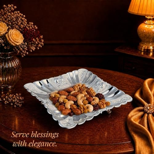 Image of Diviniti Silver German Silver Decorative Tray for Home Decor | Luxury Square Silver Plated Serving Tray for Dry Fruits, Sweets & Fruits | Floral Embossed Gift Platter with Box