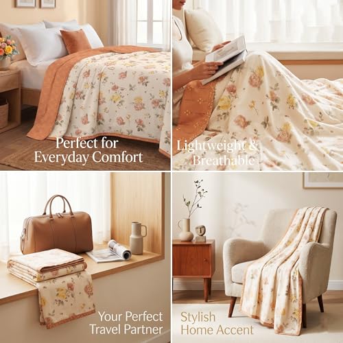 Image of HOMEKART Luxury Cotton Dohar Blanket for Single Bed | Ultra Soft Reversible AC Quilt | Floral Printed Lightweight Summer Blanket | 58x88Inches (Rose Aura)