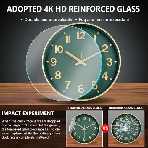 Image of Modern Wall Clock, 10 Inch Digital Wall Clocks Battery Operated, Round Non Ticking Silent Analog Clock for Bedroom Living Room Kitchen Office Gym Classroom Decor, Gold Green Battery Clock