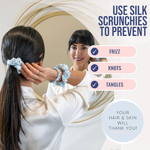 Image of Blissy Silk Scrunchies (3 Pack) - 100% Pure Mulberry Silk - 22 Momme 6A High-Grade Fibers Scrunchie for Straight & Curly Hair (Sky Blue, Regular)