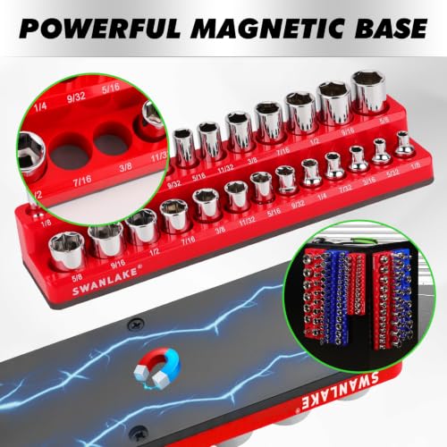 Image of 8-Piece Magnetic Socket Organizer Set, SAE & Metric Socket Holders for 1 /4 inch, 3 /8 inch, 1 /2 inch Drive, Holds 199 Sockets, Rubber-Coated Toolbox Storage Trays, Blue and Red Tool Box Organizer