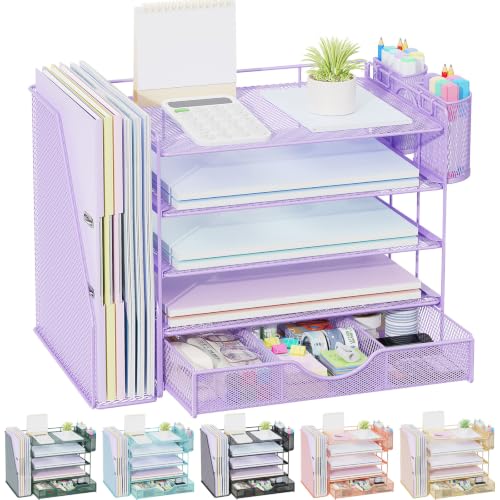 Image of gianotter 5-Tier Desk Organizer with Drawers and File Holders | Letter Trays and Pen Holders - Workspace Accessories for Office Supplies (Light Purple)