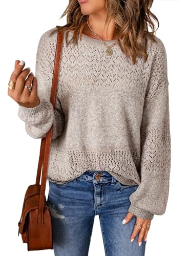 Image of SHEWIN Women's Sweaters Casual Long Sleeve V Neck Crewneck Lightweight Crochet Pullover Sweater Tops
