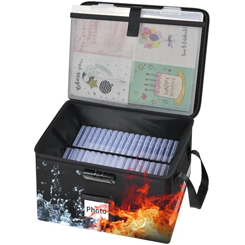 Fireproof Photo Storage Box with Lock, Holds 36 Inner 4'x6' and 3 Large 8'x12' Photo Cases, Waterproof Picture File Organizer, Portable Photos Boxes Containers for Valuables, Photos, Crafts, Documents