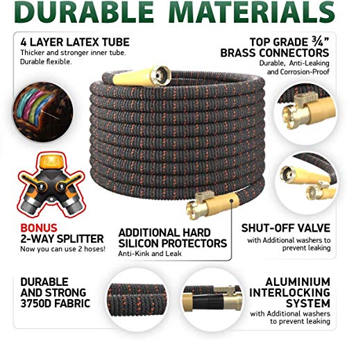TBI Pro Expandable Garden Hose Kit 50-100 ft - Superior Strength 3750D - 4-Layers Latex, Extra-Strong Brass Connector- 10-Way Durable Zinc Water Spray Nozzle 2 Way Pocket Flexible Splitter (50FT Set)