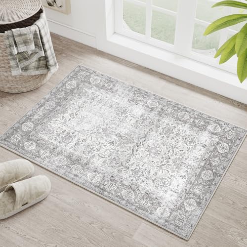 PureCozy Beige Entryway Rug 2x3 Vintage Area Carpet Indoor Kitchen Washable Door Mat Living Room Entrance Small Low Pile Traditional Distressed Retro Accent Throw Rug Non Slip Office Bathroo