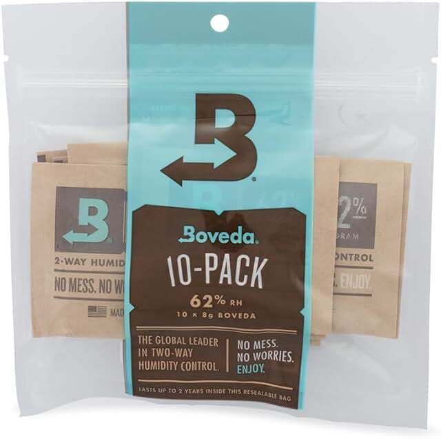 Boveda 62% Humidity Control Packets - 2 Way Humidity Control Packs - Size 8 - 10 Count Resealable Bag - Humidity Control A...