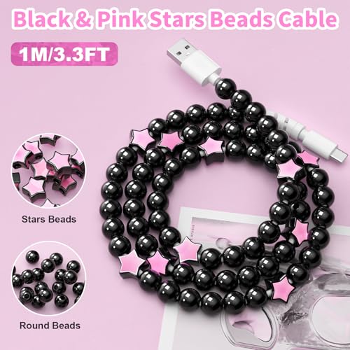 Image of VOFUOE USB C Cable for iPhone 17 Charging Cable USB A to USB C Cable Star Beads Charging Cord 3.3FT Fast Charging Cable for iPhone 16 /15, Galaxy S24 /S25 Ultra, for iPad 11th /10th-Black & Pink