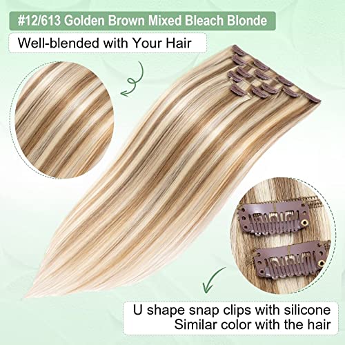 TESS Human Hair Extensions Clip in Real Hair Highlight Remy 5 Pieces Straight Natural Hairpieces for Women/Girls (#12P613 Golden Brown & Bleach Blonde - Image 3