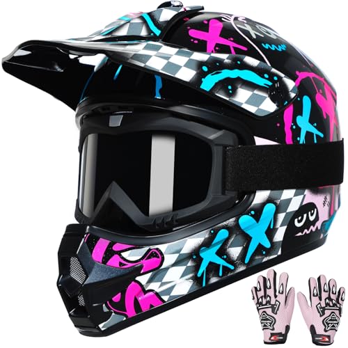 TRIANGLE Youth Kids Dirt Bike Helmet Full Face Motocross Helmet with Goggle & Gloves DOT/FMVSS-218 Approved Motorcycle Helmet