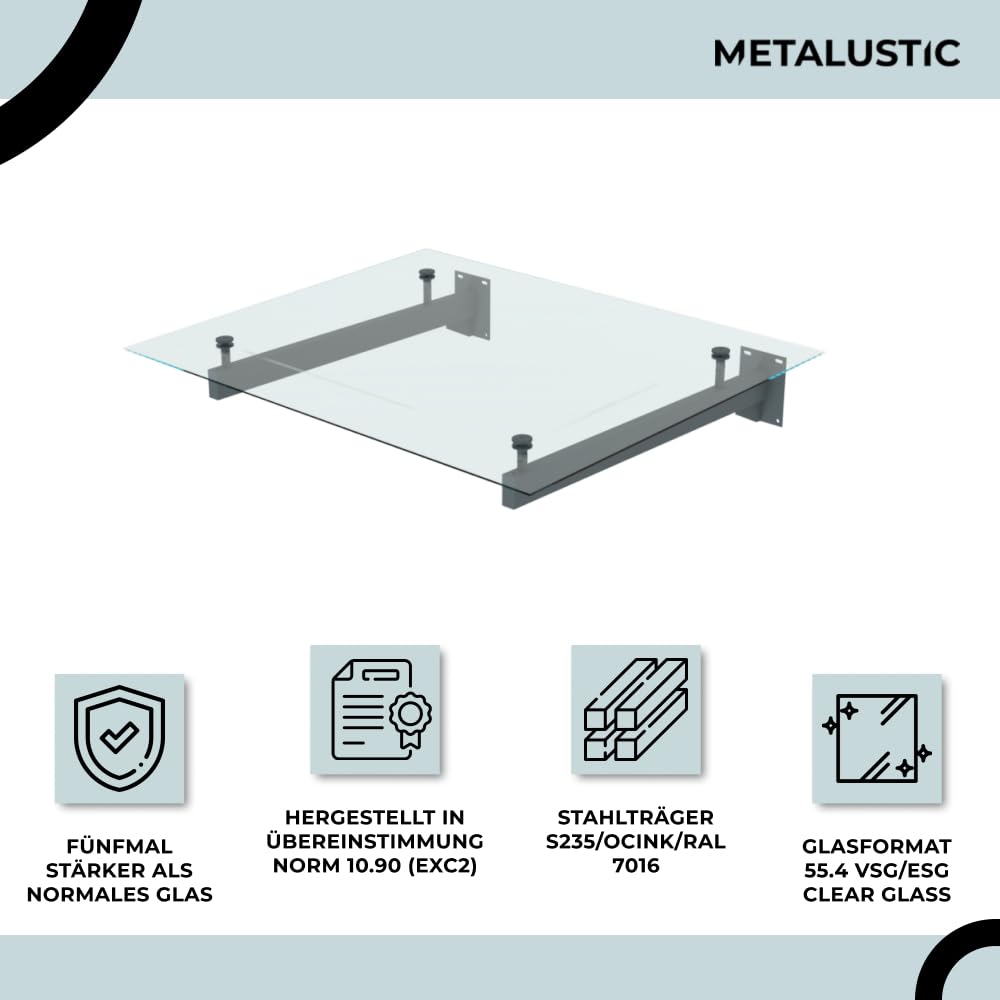 Glasvordach 1200 X 1000 mm, einfach, RAL 7016, 55,4 mm Glas, 30/60 mm Ausladung, Vordach, Türvordach, Haustürvordach, Farbloses Glas, Lackierte Balken: anthrazit