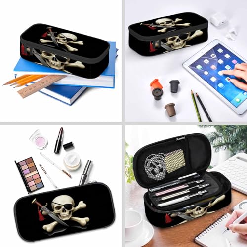 Image of Skull Pirate Pencil Case Crossbones Eye Halloween Day Of The Dead Black Pencil Bag Pouch Box Organizer for College School Students Boy Girl