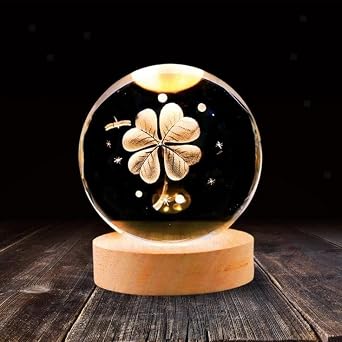 MR 3D Kristal Cam Küre, Ahşap Soketli Gece Lambası,LED, sevgiliye hediye, Noel, Öğretmenler Günü, Özel Tasarım Harika bir hediye (Yonca) [Enerji Sınıfı A]