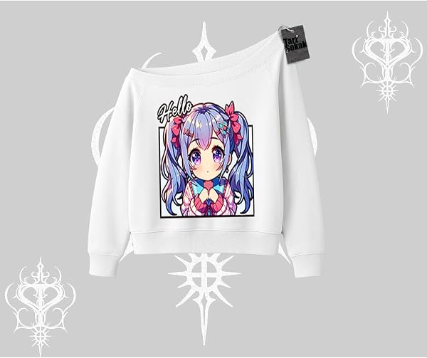 Kayık Yaka Sweatshirt Hello Anime Kız Sevimli Karakter Baskılı