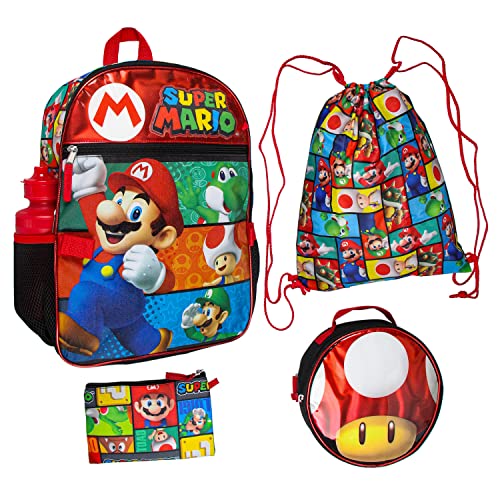 Super Mario Backpack With Detachable Mushroom Lunch Tote 16 Inch 5 Piece Set #TOP1