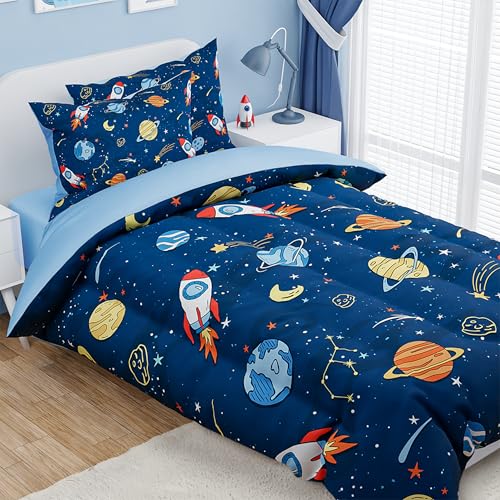 Image of SANDJEST Outer Space Comforter Set Full Size 98x86in for Kids Boys, Microfiber 4 Pcs Bedding Set Includes 1 Comforter, 2 Pillowcases, 1 Fitted Sheet, Nursery Room Decor