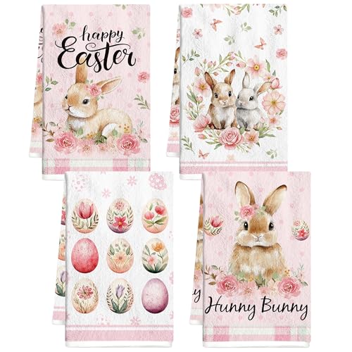 MOIZYNG Easter Kitchen Towels Set of 4 Pink Rabbit Bunny Eggs Flower Hand Towels Dish Cloth Spring Farmhouse Kitchen Bathroom Home Holiday Seasonal Decorations 16x24 Inches
