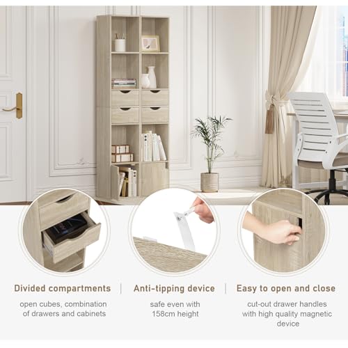 WOLTU Estantería para Libros, Librería Vertical con 3 Compartimentos Abiertos, 2 Cajones y 1 Armario, Libreria de Almacenaje para Oficina, Salón, Dormitorio, Cocina, Roble Claro, 30x24x158cm - imagen 7