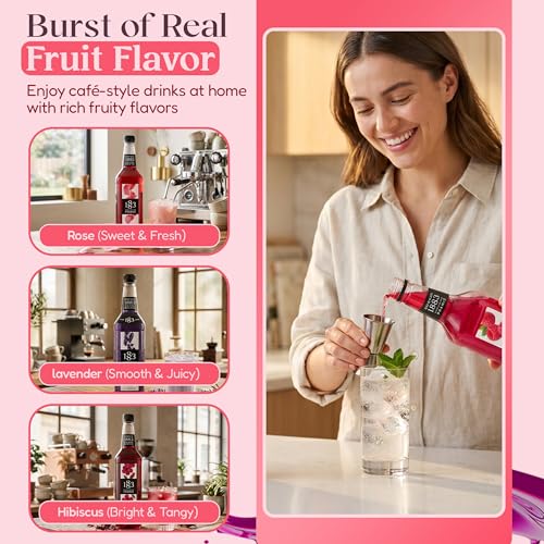 Image of 1883 Lavender, Rose, Hibiscus Syrups with Pumps (Floral Flavors) for Coffee & Drinks - 1 Liter Plastic Bottles (Pack of 3)