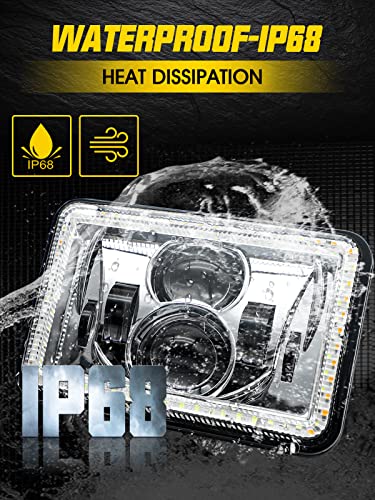 Mayello 4X6 Led Headlights Dot Approved Hi/Lo Sealed Beam With Drl Amber Turn Signal Light Replacement Assembly H4651 H4652 H4656 H4666 H6545 Compatible With Freightliner Peterbilt Kenworth-Chrome #TOP2