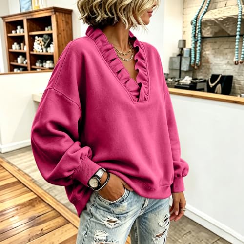 Elneeya Womens Oversized Sweatshirt Vneck Ruffle Cute Fall Sweatshirt - image 5
