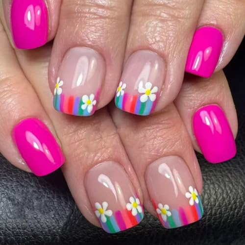 24 Pcs Press on Nails Short Square,YIHONGYUAN Fake Nails Fall Pre...