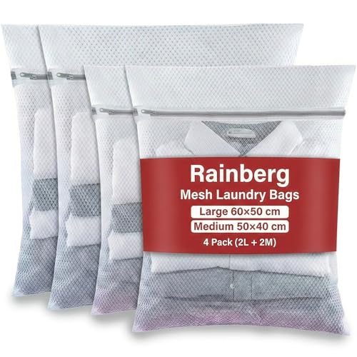 Rainberg Mesh Laundry Bags for Washing Machine, Large 60x50cm and Medium 50x40cm, Durable with Zip Reusable Clothes Washing Bag for Travel and Storage, White (4 Pack, 2L + 2M)
