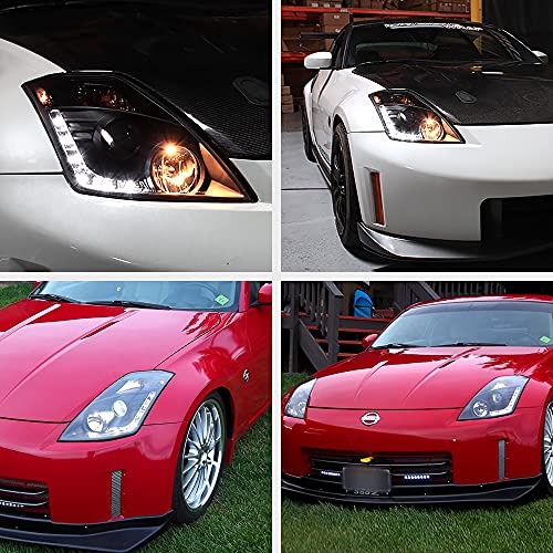 [For 2003-2005 Compatible With Nissan Z33 350Z Halogen Model] Led Strip Black Projector Headlight Headlamp Assembly, Driver & Passenger Side #TOP6