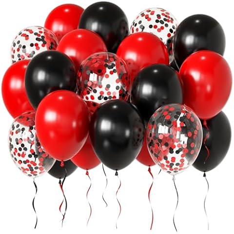Red and Black Party Balloons, 50pcs 12 Inch Black and Red Latex Balloons Black Red Confetti Balloons with Black red balloon Ribbons for Birthday Valentine's Day Wedding Cover