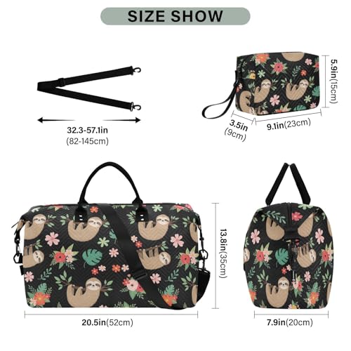 Cartoon Sloth Flowers Black Travel Duffel Bag for Men Women with Makeup Bag Weekend Overnight Carry On Bags for Travel Getaway Weekend3