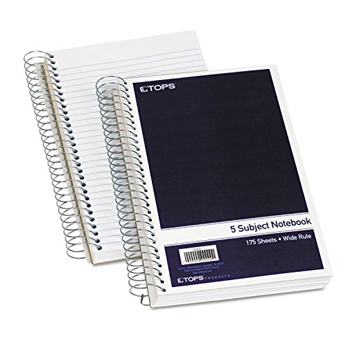 TOPS Wirebound Five-Subject Notebook, Wide/Legal Rule, Navy Cover, (175) 9.5 x 6 Sheets