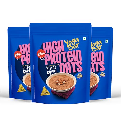 Image of Yogabar 26g High Protein Oats 1kg x 3, Filter Kappi - Breakfast Cereal with Wholegrains, 26% Protein & No added sugar - Oats High Protein for Gym - Premium Protein Blend with Whey Protein Powder - with Goodness of Chia, Sunflower & Pumpkin Seeds & Probiotics for Absorption