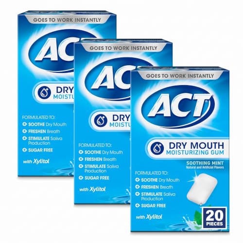 ACT Dry Mouth Moisturizing Gum, 20 Pieces, With Xylitol, Sugar Free Soothing Mint (Pack of 3)