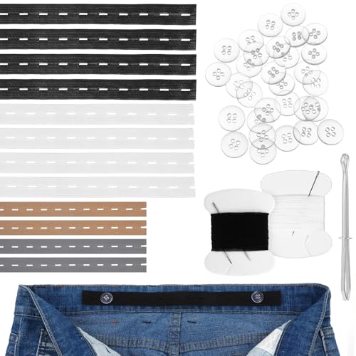 Ouligay 12 PCS Adjustable Elastic Pant Waist Tightener Kids Jean Waist Extenders Pants Button Tightener with 30 Buttons, 2 Sewing Kit &1 Thread Hook 4 Colors