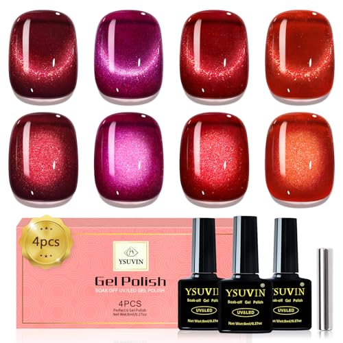 Yueshop Cat Eye Gel Nail Polish Red, 4 Colors Winter Red Series darkred Burgundyred Brightred Glitter Cats Eye Gel Nail Polish Magnetic Soak Off UV gel nail Varnish Creative nail Art DIY at Home, 8ML