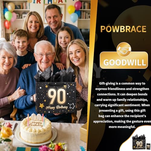Image of Powbrace 13 inch Black 90th Birthday Gift Bag with Tissue Paper and Greeting Card for Party,Happy Birthday Gift Bag for Men Women,Gift Bags Medium size(1 Black 90th)
