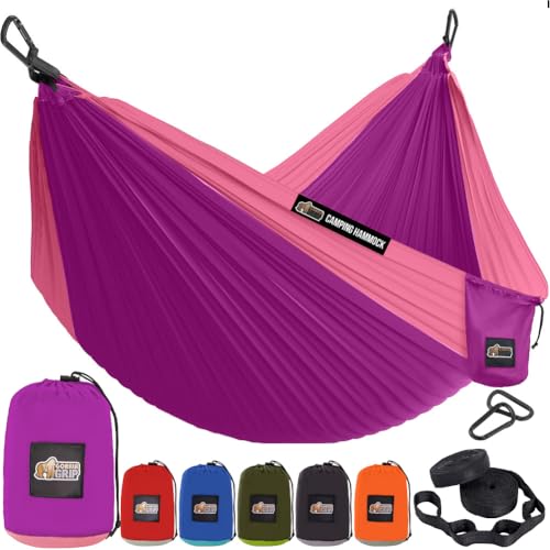 GORILLA GRIP Durable Camping Hammock with Heavy Duty Tree Straps, Portable Hammocks for Outside, Easy to Use Travel Swing Chair, Outdoor Camper Hiker Essentials, Backpacking Gear Gifts, Single, Purple