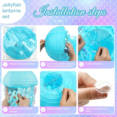 Image of 8 pcs Jellyfish Paper Lanterns Ocean Birthday Party Decorations with Hooks and Ropes, Hanging Jellyfish Decorations for Baby Shower Under The Sea Mermaid Spongebob Birthday Classroom Decorations