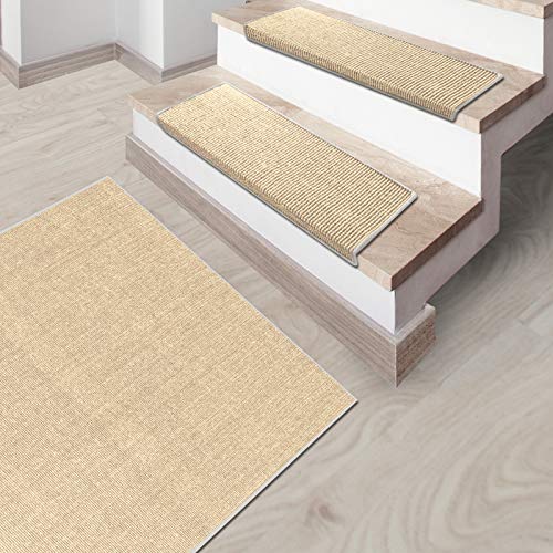casa pura Kit de 15 Marchettes Escalier Rectangulaire Sisal 100% Naturel | Antidérapant | Env. 24 x 65 cm | Bordure Coton | Ivoire - Sylt Cover